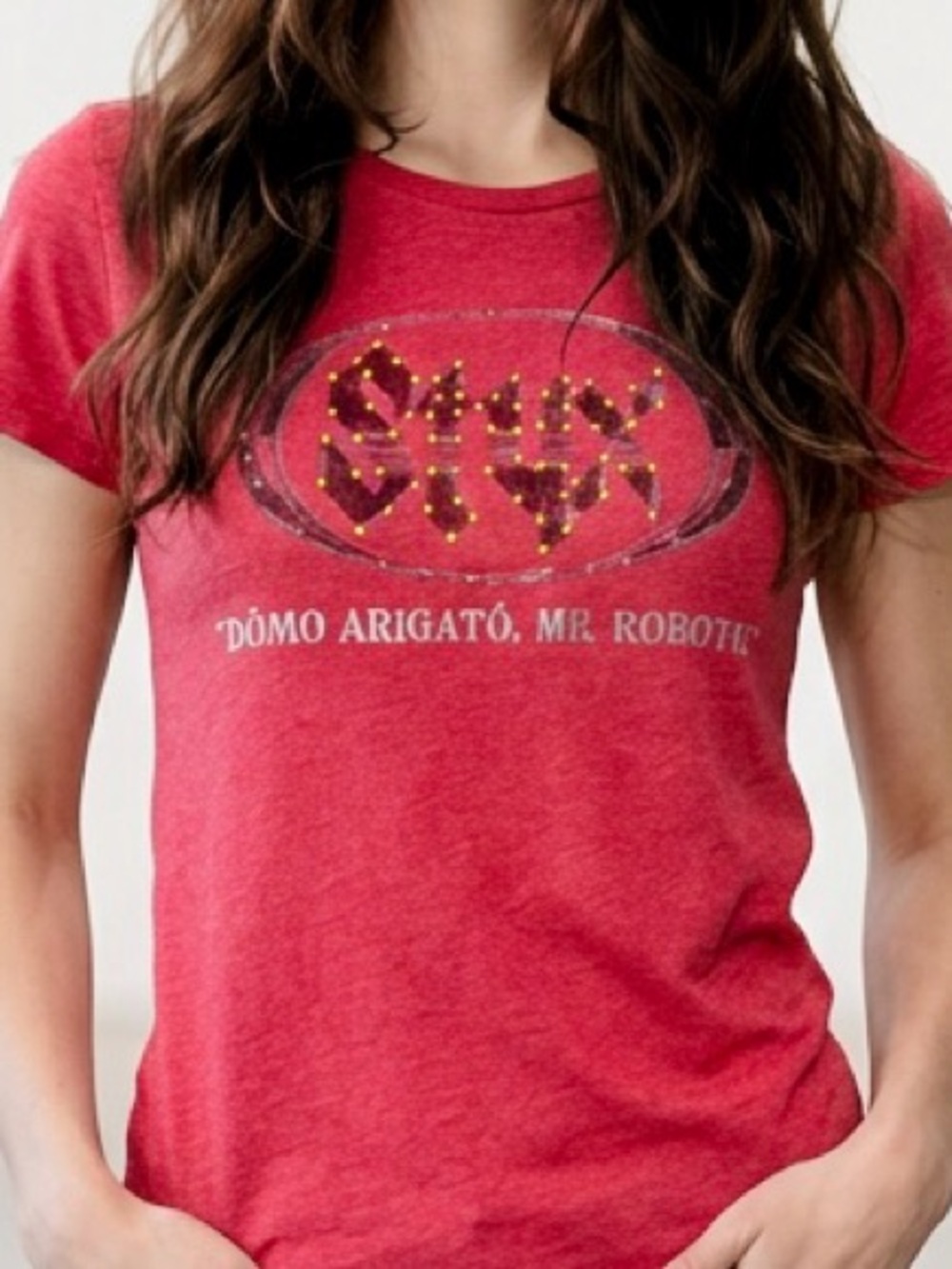 STYX band shirt, Women’s heather red T-Shirt.  Hand placed gold crystals
